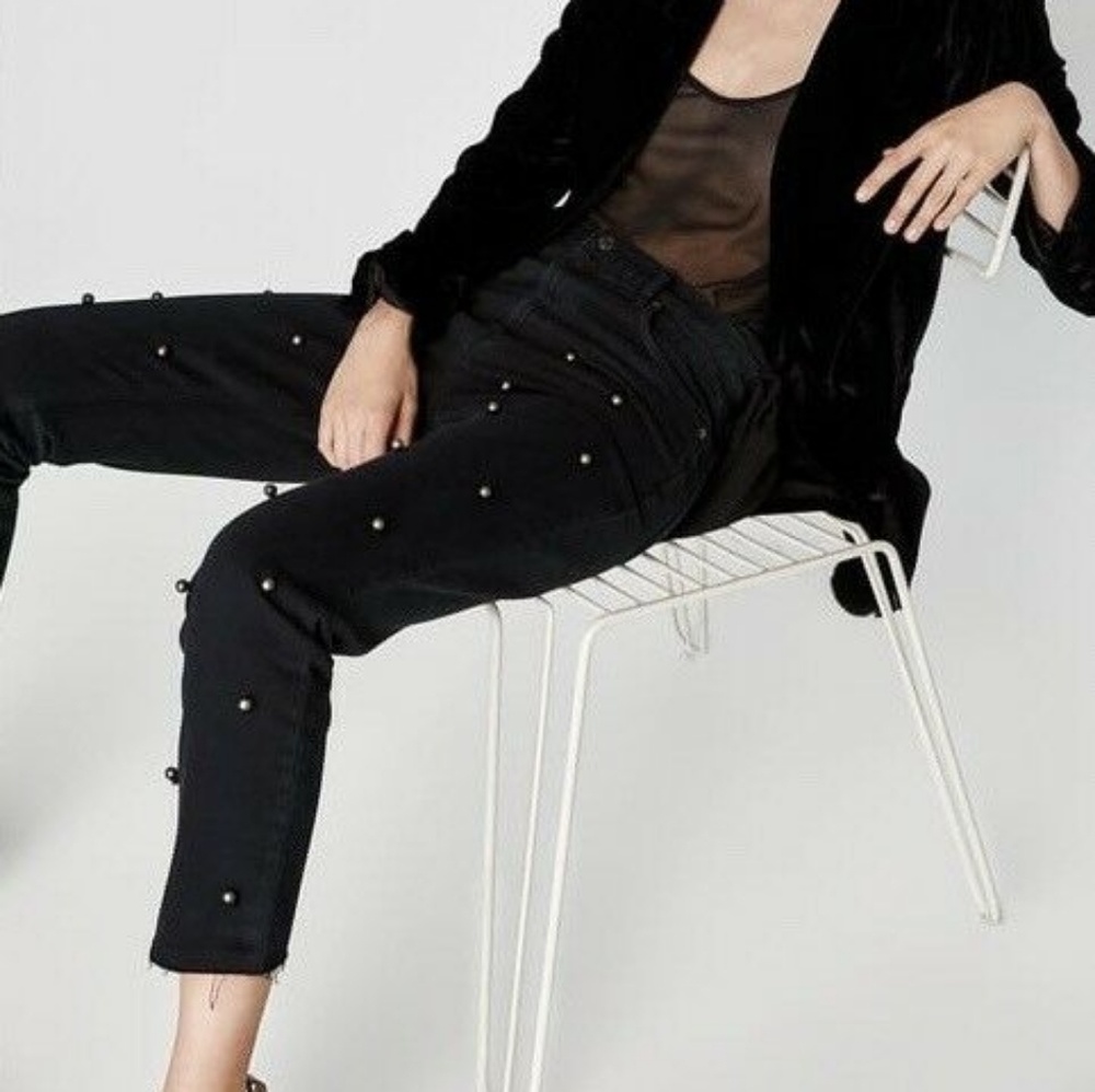 Zara Black Pearl Mesh Applique High Rise Jeans - Picture 3 of 3